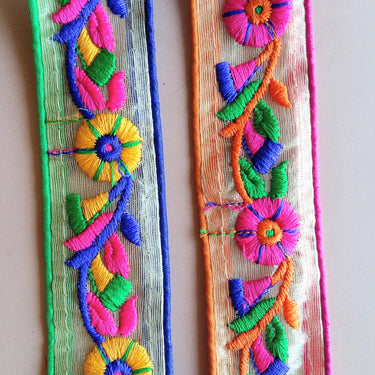 Indian Embroidered Sheer Trim In Yellow Floral Embroidery, Approx. 45mm Wide, Sari Border